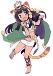  :d amezawa_koma animal_ears barefoot bastet_(p&amp;d) black_hair bracelet cape cat_ears cat_tail fang full_body green_eyes hair_ornament jewelry long_sleeves looking_at_viewer midriff navel necklace open_mouth paw_pose puzzle_&amp;_dragons shirt simple_background skirt smile solo standing standing_on_one_leg tail white_background 