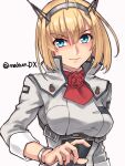  1girl blonde_hair blue_eyes breasts closed_mouth commentary_request flower grey_jacket headgear highres jacket kantai_collection long_sleeves looking_at_viewer maakun_(makun_dx) medium_breasts necktie one-hour_drawing_challenge red_flower red_necktie red_rose rodney_(kancolle) rose short_hair simple_background smile solo twitter_username upper_body white_background 