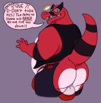 anthro backsack balls belly big_balls big_belly big_butt bulge butt chaps clothing generation_5_pokemon genitals hi_res invalid_tag jockstrap krookodile looking_at_viewer looking_back male nintendo open_mouth overweight overweight_anthro overweight_male pokemon pokemon_(species) raised_hand raised_tail rear_view red_body shocked shocked_expression solo speech_bubble striped_body stripes tail teeth text tongue topwear underwear vest waniiime_(artist) warlow_(waniiime) white_balls white_belly white_butt