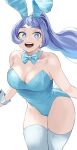  1girl :d absurdres alternate_costume animal_ears blue_bow blue_bowtie blue_eyes blue_hair blue_leotard boku_no_hero_academia bow bowtie breasts bright_pupils cleavage detached_collar fake_animal_ears fake_tail fengling_(furin-jp) hadou_nejire highleg highleg_leotard highres large_breasts leotard long_hair looking_at_viewer open_mouth playboy_bunny ponytail rabbit_ears rabbit_tail smile solo strapless strapless_leotard tail thighhighs white_pupils white_thighhighs wrist_cuffs 