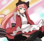  1girl :3 animal_hat apron black_thighhighs boots cat_hat cat_tail closed_mouth cross-laced_footwear dress gugure!_kokkuri-san haruyama_kazunori hat lace-up_boots long_hair long_sleeves looking_at_viewer panties pink_hair skirt sleeves_past_wrists slit_pupils smile solo tail tama_(gugukoku) thighhighs twintails underwear white_apron white_panties 
