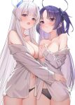  2girls absurdres asymmetrical_docking black_panties blue_archive blush breast_press breasts closed_mouth collarbone grey_hair halo highres large_breasts long_hair long_sleeves lookhow multiple_girls navel noa_(blue_archive) off_shoulder open_mouth panties purple_eyes purple_hair shirt simple_background two_side_up underwear very_long_hair white_background white_shirt yuri yuuka_(blue_archive) 