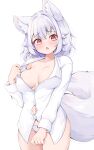  1girl animal_ear_fluff animal_ears blush breasts buttons collarbone collared_shirt cowboy_shot grey_hair hair_between_eyes inubashiri_momiji large_breasts long_sleeves looking_at_viewer navel open_mouth panties red_eyes rururiaru shirt short_hair simple_background solo tail touhou underwear white_background white_panties white_shirt wolf_ears wolf_tail 