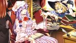  apple_slice bat_wings blonde_hair blue_eyes book book_stack bottle bow capelet chair crescent cup desk dress feathers hair_ribbon hasebe_yuusaku hat hat_bow head_wings highres ink_bottle kirisame_marisa koakuma long_hair long_sleeves multiple_girls open_mouth patchouli_knowledge plate purple_dress purple_eyes purple_hair red_hair ribbon shirt sitting skirt skirt_set striped striped_dress table teacup touhou tress_ribbon very_long_hair vest white_bow wide_sleeves wings witch_hat 