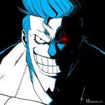  1boy aboude_art artist_name blue_hair clenched_teeth commentary cyborg franky_(one_piece) glowing glowing_eye instagram_logo instagram_username limited_palette long_sideburns looking_at_viewer male_focus one_piece red_eyes short_hair sideburns signature smile solo spiked_hair teeth v-shaped_eyebrows 