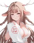  1girl animal_ears braid breasts brown_hair cleavage commentary_request deer_ears exitus glasses highres holding holding_paper kannazuki_lubee large_breasts long_hair multicolored_hair open_clothes open_shirt paper pink_eyes pink_hair side_braids sinar8808 solo streaked_hair very_long_hair 