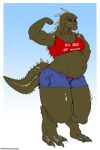 2018 absurd_res anthro belly bicep_curl bottomwear breasts brute_wyvern capcom clothing deviljho digital_media_(artwork) dovahna_(porkhammer) english_text female hi_res hotpants monster_hunter musclegut muscular muscular_anthro muscular_female navel non-mammal_breasts overweight overweight_anthro overweight_female panties shorts solo spiked_tail spikes spikes_(anatomy) tail text text_on_clothing thick_thighs topwear underwear viroveteruscy