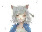  animal_ears bad_id bad_pixiv_id black_hanekawa breasts cat_ears cleavage collarbone crying crying_with_eyes_open hanekawa_tsubasa highres looking_at_viewer medium_breasts monogatari_(series) nekomonogatari portrait short_hair simple_background solo tears tomaeda_(bravered) white_background white_hair yellow_eyes 