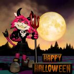 2021 3d_(artwork) anthro blast_cats blastcatsdev boots bottomwear c.c._leo checkered_floor clothing digital_media_(artwork) domestic_cat eyelashes felid feline felis fingerless_gloves footwear forest forest_background full_moon fur gloves half-closed_eyes halloween handwear hi_res holidays horn low-angle_view mammal moon narrowed_eyes nature nature_background official_art pink_body pink_fur pitchfork plant prick_ears sharp_teeth shirt shoes skirt skull_symbol skull_topwear smile solo supermoon t-shirt teeth text text_on_clothing text_on_footwear text_on_shoes tools topwear tree white_body white_fur