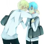  bag blue_eyes blue_hair holding holding_bag jacket kise_ryouta kuroko_tetsuya multiple_boys non-web_source open_mouth pixiv white_background 