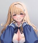  1girl 2v_(joyeong) blonde_hair blue_bow blue_bowtie blue_cardigan blush bow bowtie breasts button_gap cardigan claw_ring cleavage collared_shirt goddess_of_victory:_nikke grey_background hair_intakes hair_ornament half-closed_eyes highres huge_breasts jewelry lips long_hair looking_at_viewer mole mole_under_eye multiple_rings parted_lips puffy_sleeves red_eyes ring shirt sleeves_past_wrists smile solo tia_(nikke) white_shirt 