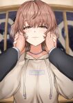  1boy 1girl blush brown_hair chain_necklace half-closed_eyes hand_on_hand hands_on_another&#039;s_cheeks hands_on_another&#039;s_face hetero highres hood hoodie idolmaster idolmaster_shiny_colors ikuta_haruki indoors jewelry looking_at_viewer necklace pov pov_hands producer_(idolmaster) short_hair smile tsurui upper_body 