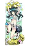  1girl ahoge animal_ears arms_up bag black_hair blue_archive blue_eyes breasts crop_top day dog_ears dog_girl dog_tail duffel_bag extra_ears fence full_body halo hibiki_(blue_archive) hibiki_(cheer_squad)_(blue_archive) highres long_hair looking_at_viewer navel nobita_(makoto7060355) outdoors panties pantyshot parted_lips pom_pom_(cheerleading) shoes sidelocks small_breasts sneakers solo tail underwear white_footwear white_panties wristband 
