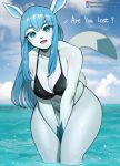 2023 absurd_res anthro artist_name big_breasts bikini blue_eyes blue_hair breasts cleavage clothed clothing cloud dialogue eeveelution english_text eyebrow_through_hair eyebrows eyelashes female generation_4_pokemon glaceon hair hi_res kambo long_hair navel nintendo open_mouth open_smile outside partially_submerged pokemon pokemon_(species) sky smile solo swimwear talking_to_viewer text translucent translucent_hair url water wide_hips