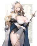  1girl absurdres baketsu black_cape black_corset blonde_hair blue_eyes blue_gemstone breasts cape cleavage_cutout clothing_cutout corset covered_navel dress gem gloves habit highres holding holding_staff large_breasts long_hair nun original parted_lips pointy_ears side_slit solo staff thighs white_dress white_gloves 