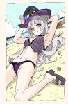  1girl bare_arms beach border breasts closed_mouth cloud grey_hair groin hair_ornament hat highres hololive horizon long_hair looking_at_viewer lying murasaki_shion navel nobita_(makoto7060355) on_back orange_eyes outdoors panties purple_headwear purple_panties purple_vest sand sandals seashell shell sitting small_breasts smile solo underwear vest virtual_youtuber wariza witch_hat 