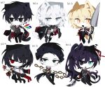  3boys 3girls animal_ears black_coat black_gloves black_pants blonde_hair blue_eyes cat_ears cat_tail chain chibi closed_mouth coat coat_on_shoulders dagger dog_ears dog_tail don_quixote_(project_moon) faust_(project_moon) gauntlets gloves guan_dao highres holding holding_weapon hong_lu_(project_moon) knife lance lemonail limbus_company long_sleeves meursault_(project_moon) multiple_boys multiple_girls necktie ootachi open_mouth pants polearm project_moon red_necktie ryoshu_(project_moon) shirt short_hair simple_background smile sword tail weapon white_background white_hair white_shirt yellow_eyes yi_sang_(project_moon) zweihander 