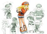  1girl bike_shorts bike_shorts_under_shorts blonde_hair boots brown_gloves cabbie_hat coat embarrassed full_body fur_trim gloves green_eyes hat holding holding_wrench jacket kondoo long_hair looking_at_viewer mega_man_(series) mega_man_legends_(series) multiple_views naked_towel open_mouth partially_colored red_headwear red_jacket red_shorts roll_caskett_(mega_man) shorts sitting smile towel winter_clothes wrench 