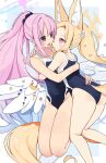  2girls angel_wings animal_ear_fluff animal_ears bare_arms bare_legs bare_shoulders black_one-piece_swimsuit black_scrunchie blonde_hair blue_archive blush covered_navel crescent crescent_pin feathered_wings fox_ears hair_ornament hair_scrunchie halo highres kneepits long_hair mika_(blue_archive) multiple_girls one-piece_swimsuit open_mouth pink_hair pink_halo ponytail scrunchie seia_(blue_archive) smile swimsuit white_wings wings yellow_eyes yellow_halo yun_(dust-i1) yuri 
