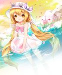  bad_id bad_pixiv_id ball brown_hair dress flower happy hat juna long_hair original petals sky solo standing sunglasses twintails wading water yellow_eyes 