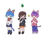  1boy 2girls :3 animal_crossing animal_ears bea_(animal_crossing) black_eyes black_footwear black_shirt blue_hair blue_sailor_collar blue_skirt blue_socks bob_(animal_crossing) bob_cut bow bowtie brown_hair bug butterfly cat_boy cat_ears cat_girl cat_tail closed_mouth colored_sclera commentary denim dog_girl dog_tail dotted_line finger_to_own_chin floral_print freckles grey_footwear half-closed_eyes highres humanization jeans kneehighs lineup low_twintails mitzi_(animal_crossing) multicolored_hair multiple_girls oko_da_yo open_mouth orange_shorts own_hands_clasped own_hands_together pants pine_tree pleated_skirt print_shirt purple_hair red_bow red_bowtie red_shirt sailor_collar school_uniform serafuku shirt shoes short_hair short_sleeves shorts simple_background skirt smile sneakers socks striped_tail symbol-only_commentary tail tareme tree twintails two-tone_hair v_arms white_background white_hair wide-eyed yellow_sclera 