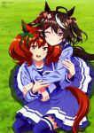  2girls absurdres animage animal_ears blue_sailor_collar blue_shirt blue_skirt blue_thighhighs brown_eyes brown_hair closed_mouth grass hair_ribbon highres horse_ears horse_tail kitasan_black_(umamusume) long_sleeves looking_at_viewer multicolored_hair multiple_girls nice_nature_(umamusume) official_art open_mouth pleated_skirt red_eyes ribbon sailor_collar scan school_uniform shirt skirt smile streaked_hair tail teeth thighhighs tracen_school_uniform two-tone_hair upper_teeth_only white_hair 