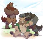 anthro asian_clothing bernard_(lustful_desires) blainwolf caleb_(lustful_desires) canid canine clothing east_asian_clothing fundoshi fur group hi_res japanese_clothing logan_(lustful_desires) lustful_desires male mammal pawpads tail torn_clothing trio underwear were werecanid werecanine werewolf