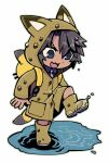  1boy :3 animal_ears backpack bag chibi drifting_fox fox_ears full_body heathcliff_(project_moon) hood hood_up limbus_company male_focus open_mouth project_moon puddle purple_eyes scar scar_on_face simple_background smile solo touma_rui white_background yellow_raincoat 