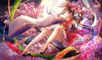  ascot bangs bare_legs bow brown_eyes brown_hair cherry_blossoms clog_sandals detached_sleeves dress fish flying_fish frilled_dress frills fuji_choko full_body full_moon goldfish hair_bow hair_tubes hakurei_reimu hand_to_own_mouth in_tree kikkoumon light_smile long_hair looking_at_viewer moon night no_panties no_socks nontraditional_miko petals red_dress ribbon_trim sitting sitting_in_tree sleeves_past_wrists solo toes touhou tree wide_sleeves 