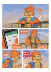 absurd_res anthro bottomwear buizel chest_tuft clothed clothing comic comic_panel electronics fence generation_4_pokemon gralicbutter hi_res jumping male male/male message navel nintendo pants phone pokemon pokemon_(species) solo sunset tuft