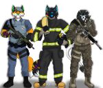 absurd_res angry_eyes anthro armor black_body black_fur blue_body blue_eyes blue_fur boots bope bulletproof_vest canid canine claws claws_out clock clothing duky_(nickyydukyte) felid fire firefighter_boots firefighter_helmet firefighter_outfit footwear fox fur green_body green_eyes green_fur group gun gun_holster headgear helmet hi_res hose humanoid knee_pads lion looking_at_another looking_at_partner looking_at_viewer male male/male mammal multicolored_body multicolored_fur muscular muscular_anthro muscular_male nickyy_(nickyydukyte) pantherine pockets police police_uniform ranged_weapon retractable_claws rifle sharp_claws striker_f_(teymosoo) striped_body striped_fur stripes tail teymosoo thigh_holster trio uniform walkie-talkie watch weapon white_body white_fur wristwatch