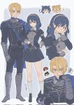  1girl 3boys animal_ears armored_boots black_hair blonde_hair blue_cape blue_eyes boots breasts brown_hair byleth_(female)_(fire_emblem) byleth_(fire_emblem) cape cat_ears cat_tail chibi chibi_inset chinese_commentary commentary_request corrupted_twitter_file dimitri_alexandre_blaiddyd felix_hugo_fraldarius fire_emblem fire_emblem:_three_houses garreg_mach_monastery_uniform gloves grey_eyes hairband half_gloves hand_on_own_hip highres juliet_sleeves kemonomimi_mode lion_ears lion_tail locked_arms long_sleeves medium_breasts miniskirt multiple_boys pink_hairband pleated_skirt puffy_sleeves skirt sparkle spoken_squiggle squiggle sylvain_jose_gautier tail vambraces yun_(dl2n5c7kbh8ihcx) 