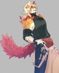  1boy animal_ears arknights commentary_request fangs furry furry_male grey_background horns hung_(arknights) looking_at_viewer male_focus multicolored_hair nalisandayo open_mouth shirt signature single_horn sleeveless sleeveless_shirt streaked_hair tail 