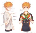  1boy artist_name astrocatsama ball black_footwear black_pants black_sleeves blush closed_mouth collar collarbone collared_shirt commentary english_commentary english_text fingernails from_side haikyuu!! hand_on_own_chest hinata_shouyou holding holding_ball light_frown looking_at_viewer messy_hair multiple_views notice_lines orange_collar orange_eyes orange_hair pants shirt short_hair short_sleeves simple_background smile sportswear straight-on upper_body volleyball volleyball_uniform white_background white_shirt 