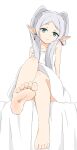 1girl absurdres barefoot bed closed_mouth drop_earrings earrings elf frieren garden_and_lamb green_eyes grey_hair highres jewelry long_hair looking_at_viewer nightgown on_bed pointy_ears presenting_foot simple_background sitting smile solo sousou_no_frieren toes twintails white_background white_nightgown 