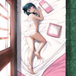  1girl absurdres ass back bare_legs barefoot bed bed_sheet blunt_bangs blush bra breasts closed_mouth commentary_request commission feet floor freckles full_body gibun_(sozoshu) green_hair highres indoors kusuriya_no_hitorigoto long_hair lying maomao_(kusuriya_no_hitorigoto) on_bed panties pillow pixiv_commission purple_eyes shoulder_blades sideboob smile solo stone_floor thighs toes underwear underwear_only white_bra white_panties window 