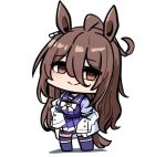  1girl agnes_tachyon_(umamusume) ahoge alternate_hair_length alternate_hairstyle animal_ears breasts brown_hair chibi closed_mouth coat commentary_request hair_between_eyes horse_ears horse_girl horse_tail kawamochi_(tddm3573) lab_coat long_hair medium_breasts messy_hair open_clothes open_coat pleated_skirt purple_serafuku purple_shirt purple_skirt red_eyes sailor_collar school_uniform serafuku shirt simple_background skirt sleeves_past_fingers sleeves_past_wrists smile solo tail tracen_school_uniform umamusume white_background white_coat winter_uniform 