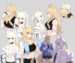  2girls alternate_costume animal_ear_fluff animal_ears arknights armband bare_shoulders black_choker black_shorts black_sports_bra blonde_hair blunt_bangs breasts cellphone choker cup doughnut drinking english_commentary food food_in_mouth from_side grey_background hand_on_own_hip highres holding holding_cup holding_phone horse_ears jacket long_hair long_sleeves looking_at_another medium_breasts midriff mouth_hold multiple_girls multiple_views navel nearl_(arknights) off_shoulder open_clothes open_jacket phone platinum_(arknights) profile redrawn shorts sidelocks simple_background smartphone sports_bra stomach strapless supershrimpcakes towel towel_around_neck tube_top white_hair yellow_eyes 