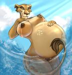 anthro belly big_belly big_breasts bodily_fluids breasts disney dollylolly felid female genitals hand_on_breast hand_on_stomach hi_res lactating lion mammal navel nipples nude pantherine pregnant pussy red_eyes smile the_lion_king water yellow_sclera zira_(the_lion_king)