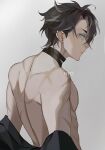  1boy absurdres black_choker black_hair blue_eyes choker commentary earrings english_commentary from_side genshin_impact highres jewelry male_focus nyozantium pectorals profile scar scar_on_arm scar_on_back signature solo stud_earrings toned toned_male topless_male wriothesley_(genshin_impact) 