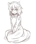  animal_ears bow cat_ears chen looking_at_viewer monochrome no_hat no_headwear short_hair simple_background sitting smile solo taka_(taka_wo_kukuru) touhou v_arms white_background 