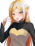  1girl absurdres blonde_hair blush commentary_request elf forehead_jewel green_eyes highres isekai_ojisan long_hair open_mouth pointy_ears sidelocks simple_background solo sui_(isekai_ojisan) tsukuno_tsuki upper_body white_background 