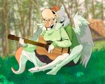 5_fingers accessory acoustic_guitar amber_(snoot_game) anthro blonde_hair blue_body blue_scales blurred_background blush bone_frill bottomwear bow_ribbon bra_strap breasts camo camo_print clothed clothing colored detailed_background dinosaur duo embrace eyes_closed feathered_wings feathers feet female female/female fingers forest forest_background frill_(anatomy) grass grey_body grey_feathers guitar hadrosaurid hair hair_accessory hair_bow hair_ribbon hairband hi_res holding_guitar hug hugging_from_behind humanoid_feet interspecies jacket long_tail melissa_(snoot_game) musical_instrument nature nature_background on_grass on_ground orange_body orange_scales ornithischian parasaurolophus photo_background photography_(artwork) plant plantigrade playing_guitar playing_music plucked_string_instrument pterodactylus pterosaur reptile ribbons sahara_congo_bongo scales scalie shorts silver_hair sitting skirt snoot_game string_instrument sweater tail tenting topwear tree white_body white_scales wings yellow_eyes
