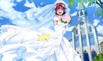  absurdres aida_mana alternate_hairstyle blue_sky bouquet bridal_gauntlets bridal_veil church cloud day dokidoki!_precure dress flower half_updo highres lipstick makeup official_art older open_mouth pink_eyes pink_flower pink_hair pink_rose precure rose short_hair sky smile solo ueno_ken veil wedding_dress white_dress wind yellow_flower yellow_rose 