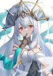  1girl arknights bare_shoulders black_gloves blue_headwear bracelet breasts cleavage commentary_request finger_to_mouth gloves hat highres jewelry kozeni_isari long_hair looking_at_viewer medium_breasts red_eyes simple_background skadi_(arknights) solo white_background white_hair 