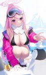  1girl bare_shoulders bikini bird black_bikini blue_archive blush breasts closed_mouth commentary_request eimi_(blue_archive) eimi_(swimsuit)_(blue_archive) goggles goggles_on_head halo highres jacket large_breasts long_hair long_sleeves official_alternate_costume open_clothes open_jacket outdoors penguin pink_hair pink_halo pink_jacket ponytail purple_eyes sarukichi scarf ski_goggles smile solo squatting swimsuit white_footwear white_scarf 