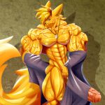 abs anthro ball_tuft balls biceps big_muscles big_penis blonde_hair bodily_fluids canid canine covering covering_self dog_tags dripping erection fennec fox fur genital_fluids genitals hair hi_res huge_biceps huge_muscles huge_penis huge_triceps hyper jewelry long_tail looking_at_viewer male mammal muscular muscular_anthro muscular_male muscular_thighs necklace nude obliques pecs penis pose precum precum_drip purple_eyes solo standing taiko-sihori tail thick_thighs tuft vein veiny_arms veiny_muscles veiny_penis yellow_body yellow_fur
