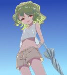  1girl aged_down alternate_costume arms_behind_back blue_background breasts brown_shorts closed_umbrella commentary_request crop_top gradient_background green_hair kazami_yuuka midriff navel open_mouth red_eyes s-a-murai shirt short_hair shorts sleeveless small_breasts solo standing touhou umbrella umbrella_on_arm wavy_hair white_shirt 