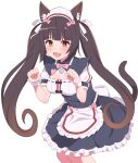  1girl :3 :d absurdres animal_ear_fluff animal_ears apron bell black_dress blunt_bangs blunt_ends blush bow bowtie breasts brown_eyes brown_hair cat_ears cat_girl cat_tail chocola_(nekopara) cleavage cleavage_cutout clothing_cutout commentary cowboy_shot dress fang frilled_dress frills from_above hair_bow hands_up highres jingle_bell leaning_forward long_hair looking_at_viewer maid maid_headdress neck_bell nekopara open_mouth paw_pose pink_bow pink_bowtie puffy_short_sleeves puffy_sleeves short_dress short_sleeves simple_background skin_fang smile solo standing tail tail_raised twintails very_long_hair waist_apron waitress white_apron white_background white_wrist_cuffs zlmh7okwwbmghfo 