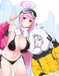  2girls absurdres ahoge bare_shoulders bikini black_bikini black_gloves blue_archive blush breasts cleavage closed_mouth cold eimi_(blue_archive) eimi_(swimsuit)_(blue_archive) fur_trim glacier gloves goggles goggles_on_head hair_between_eyes halo highres himari_(blue_archive) hood hoodie jacket large_breasts long_hair long_sleeves looking_at_viewer makarony multiple_girls navel off_shoulder official_alternate_costume open_clothes open_jacket padded_jacket pink_eyes pink_hair pink_halo pink_jacket ponytail scarf simple_background ski_goggles snot swimsuit thighs v very_long_hair white_scarf 